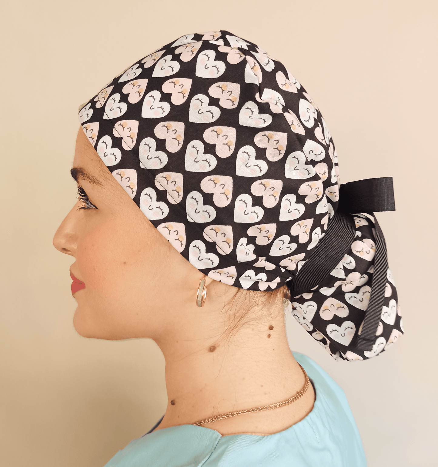 Black Pink Hearts Ponytail Scrub Cap with Satin Lining - Name Embroidery Personalization - [scrub_hat]-[scrub_cap_for_women]-[surgical_cap]