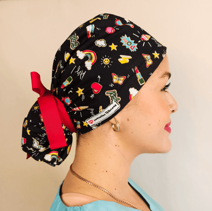 Hearts Stars Scrub Cap - Surgical Cap Ponytail Scrub Hat- Satin and Embroidery Option