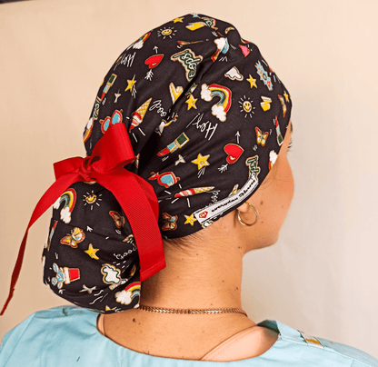Hearts & Stars Scrub Cap - Surgical Cap Ponytail Scrub Hat- Satin and Embroidery Option - [scrub_hat]-[scrub_cap_for_women]-[surgical_cap]