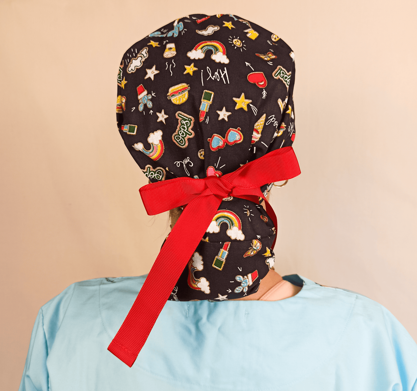 Hearts Stars Scrub Cap - Surgical Cap Ponytail Scrub Hat- Satin and Embroidery Option