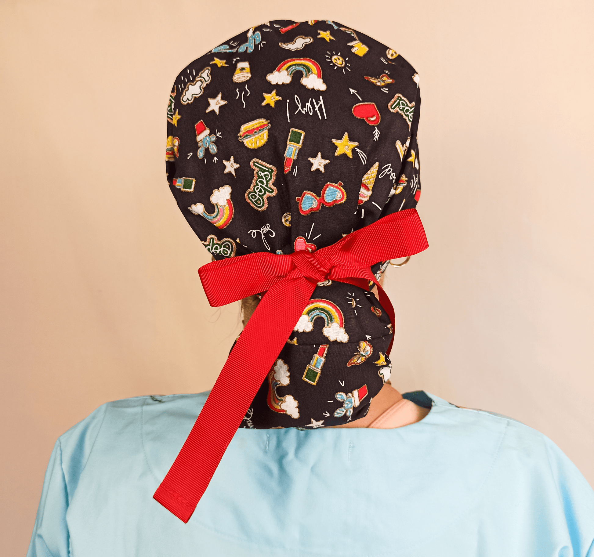 Hearts Stars Scrub Cap - Surgical Cap Ponytail Scrub Hat- Satin and Embroidery Option