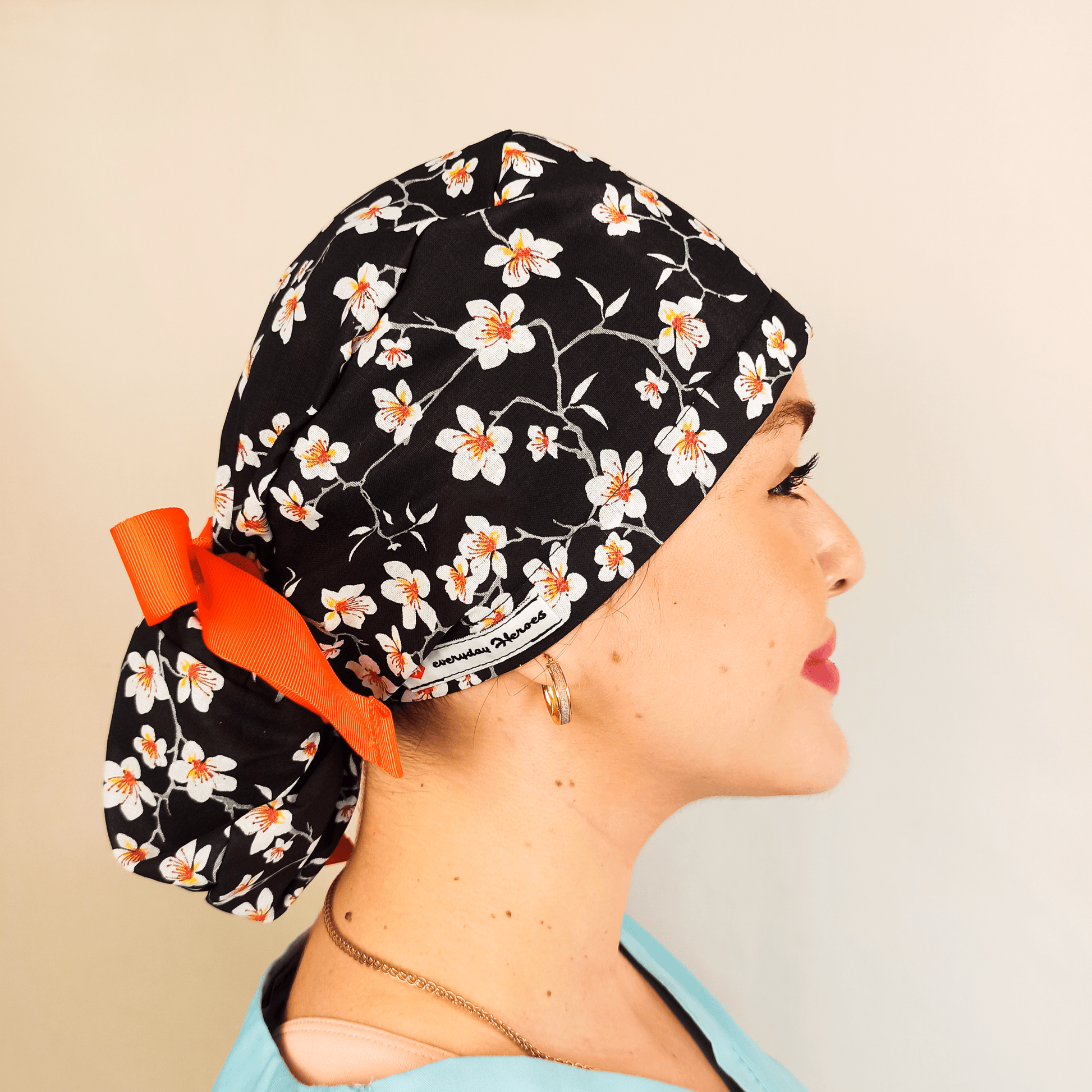 Almond Flowers Surgical Scrub Hat with Ponytail Satin and Embroidery Option - [scrub_hat]-[scrub_cap_for_women]-[surgical_cap]