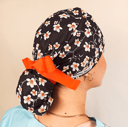 Almond Flowers Surgical Scrub Hat with Ponytail Satin and Embroidery Option - [scrub_hat]-[scrub_cap_for_women]-[surgical_cap]