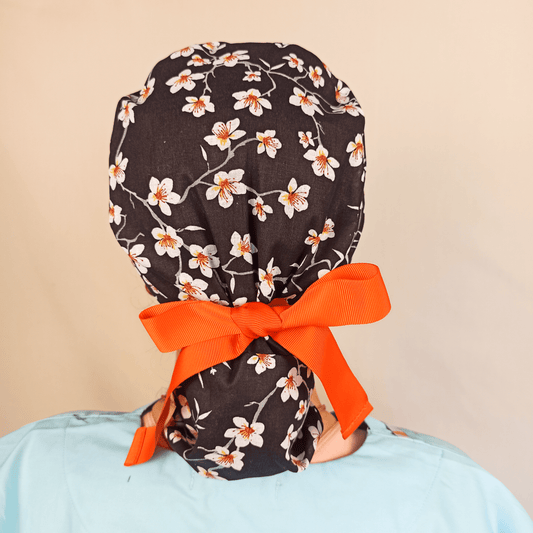 Almond Flowers Surgical Scrub Hat with Ponytail Satin and Embroidery Option - [scrub_hat]-[scrub_cap_for_women]-[surgical_cap]