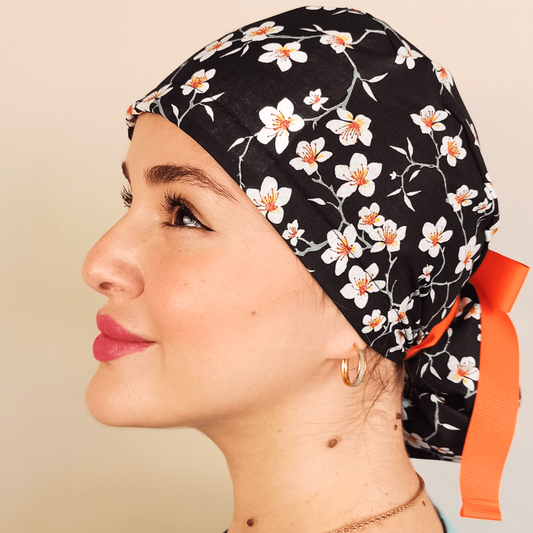 Almond Flowers Surgical Scrub Hat with Ponytail Satin and Embroidery Option