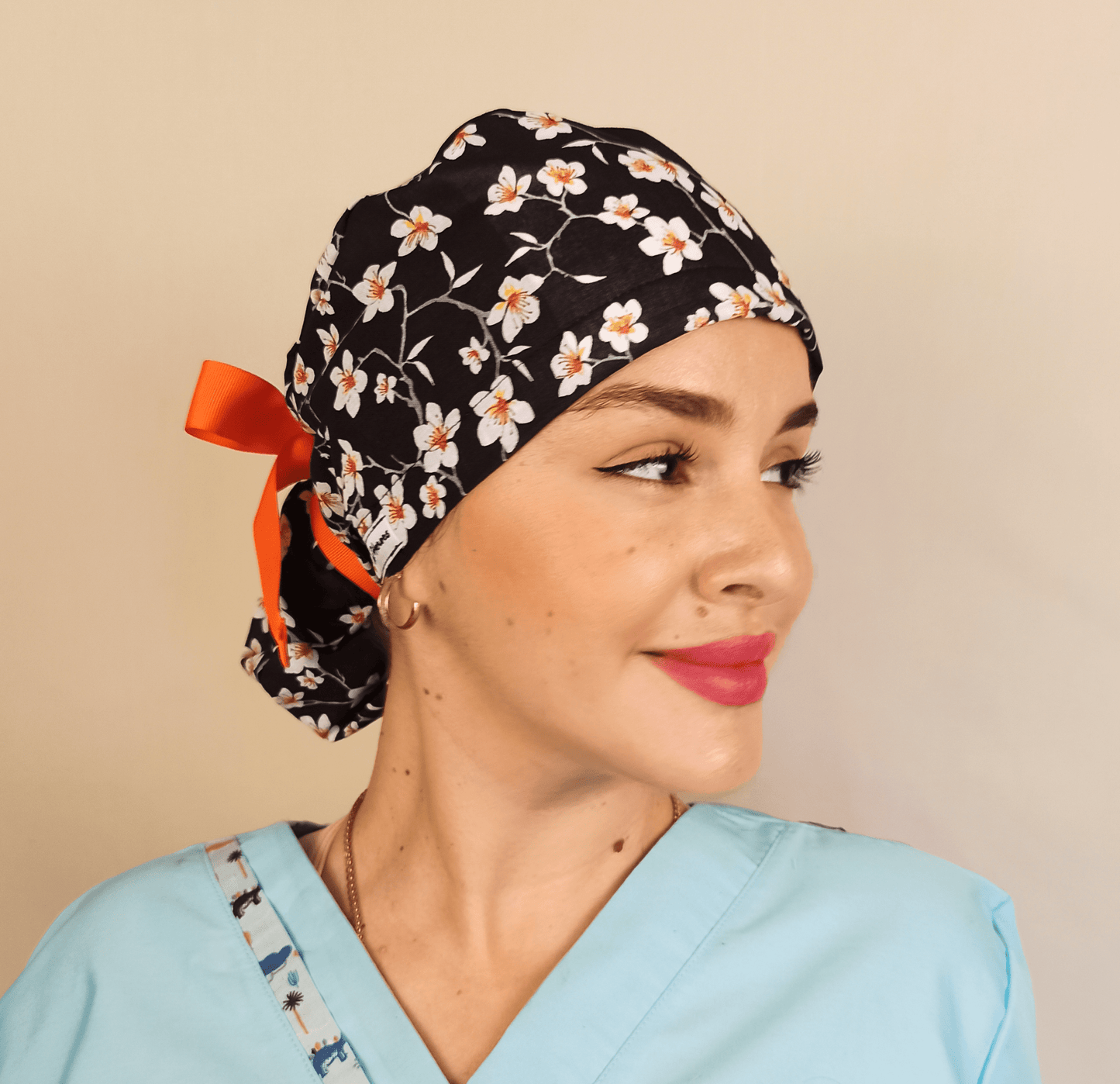 Almond Flowers Surgical Scrub Hat with Ponytail Satin and Embroidery Option - [scrub_hat]-[scrub_cap_for_women]-[surgical_cap]