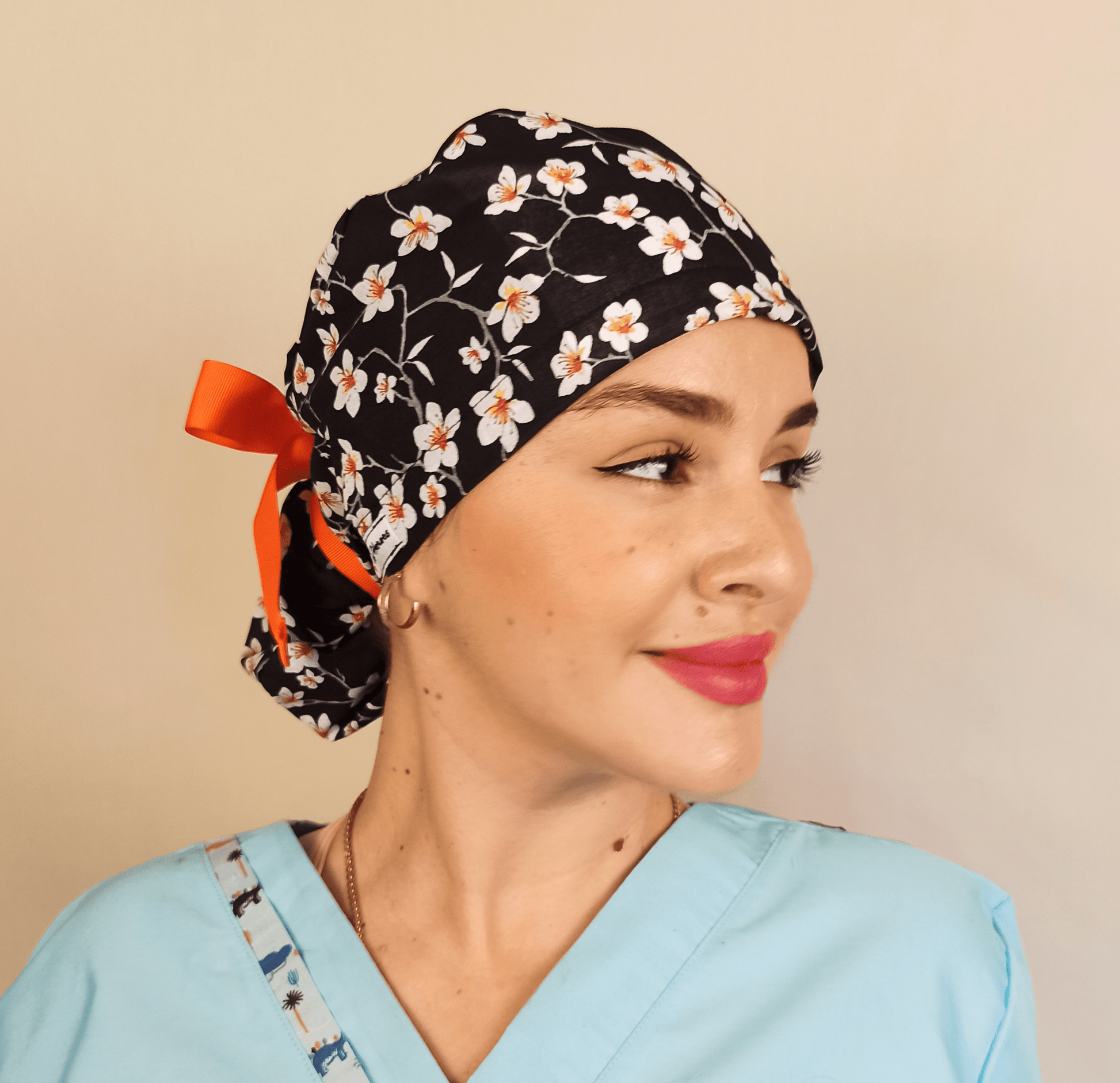 Almond Flowers Surgical Scrub Hat with Ponytail Satin and Embroidery Option - [scrub_hat]-[scrub_cap_for_women]-[surgical_cap]