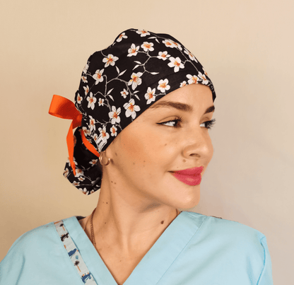 Almond Flowers Surgical Scrub Hat with Ponytail Satin and Embroidery Option - [scrub_hat]-[scrub_cap_for_women]-[surgical_cap]
