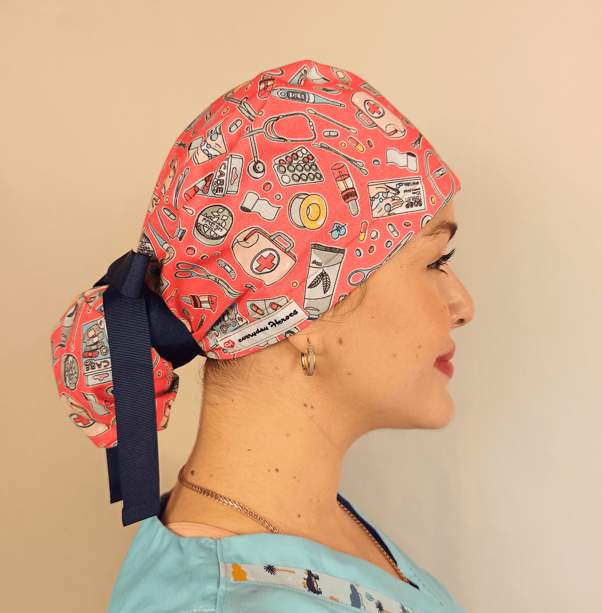 Pink Heartbeat Ponytail Scrub Cap - Surgical Cap for Nurses and Doctors - [scrub_hat]-[scrub_cap_for_women]-[surgical_cap]