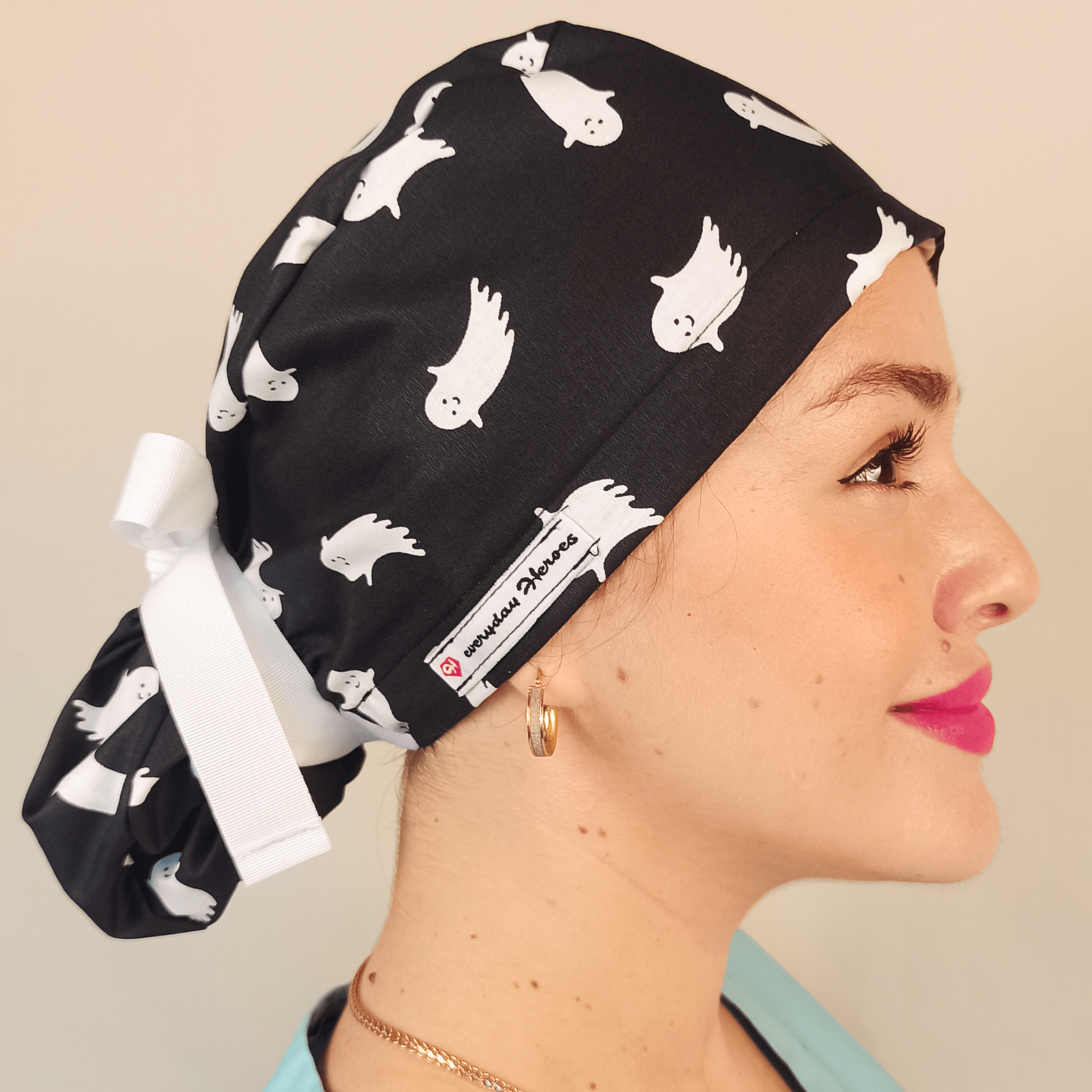 Ponytail Scrub Cap -  Surgical Cap with Black and White Ghosts - [scrub_hat]-[scrub_cap_for_women]-[surgical_cap]
