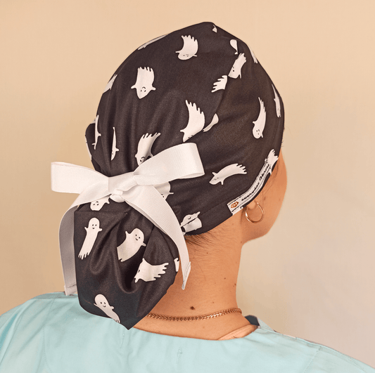 Ponytail Scrub Cap -  Surgical Cap with Black and White Ghosts - [scrub_hat]-[scrub_cap_for_women]-[surgical_cap]