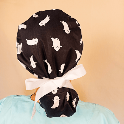 Ponytail Scrub Cap -  Surgical Cap with Black and White Ghosts - [scrub_hat]-[scrub_cap_for_women]-[surgical_cap]