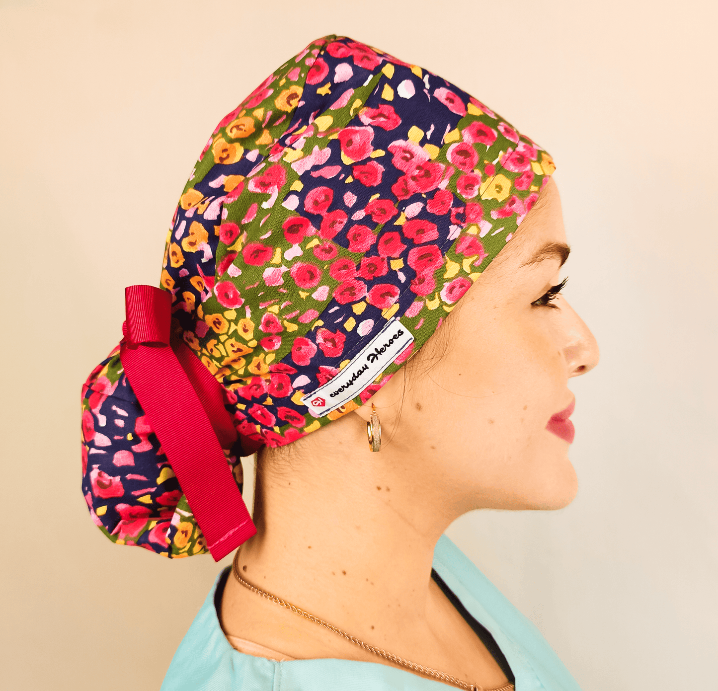 Custom Scrub Cap Floral-Ponytail Surgical Hat For Nurse & Doctor -Satin Lined - [scrub_hat]-[scrub_cap_for_women]-[surgical_cap]