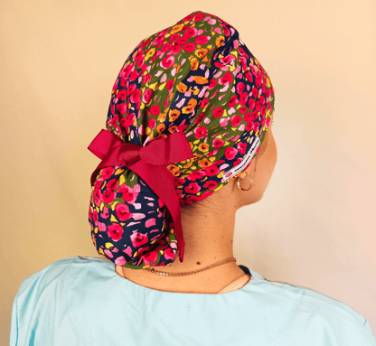 Custom Scrub Cap Floral-Ponytail Surgical Hat For Nurse & Doctor -Satin Lined - [scrub_hat]-[scrub_cap_for_women]-[surgical_cap]