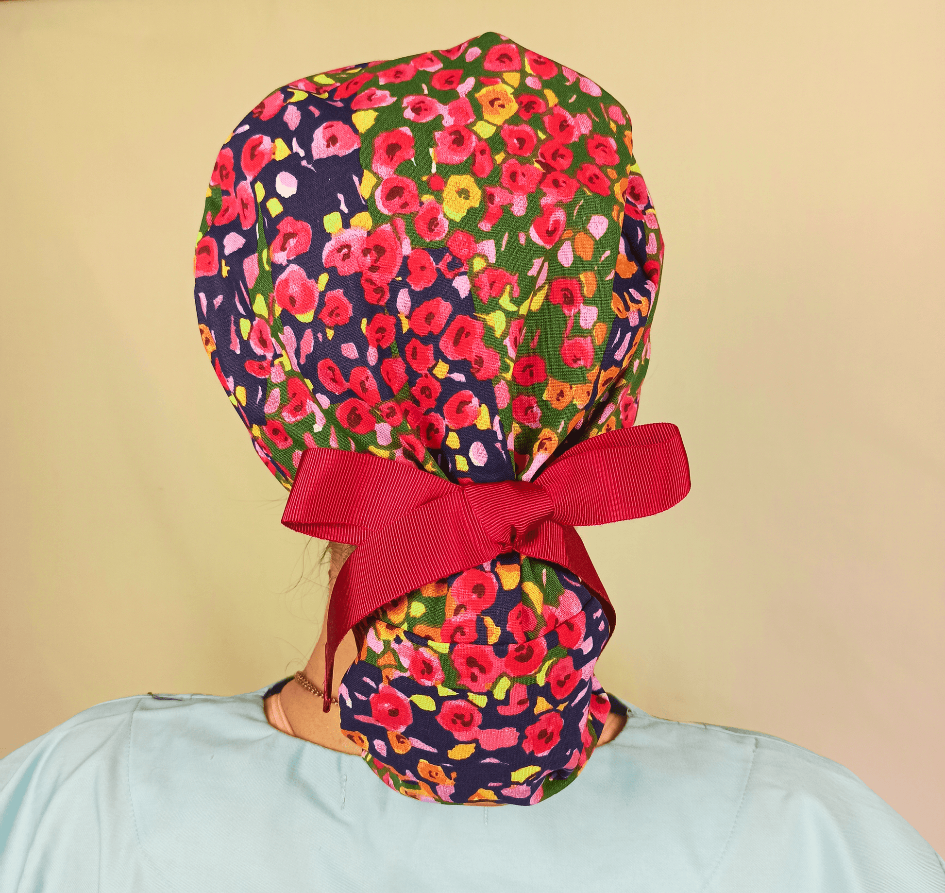 Custom Scrub Cap Floral-Ponytail Surgical Hat For Nurse & Doctor -Satin Lined - [scrub_hat]-[scrub_cap_for_women]-[surgical_cap]