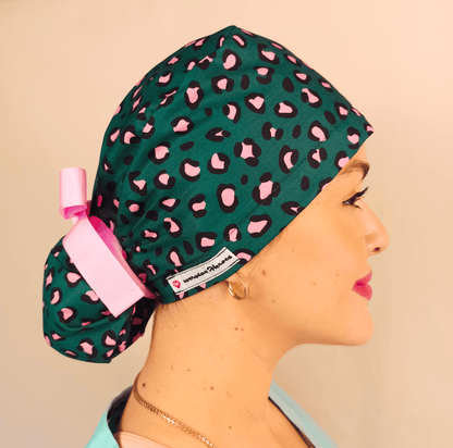 Leopard Ponytail Scrub Cap- Satin Lined - Name Embroidery Option