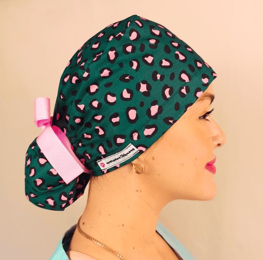 Leopard Ponytail Scrub Cap- Satin Lined - Name Embroidery Option