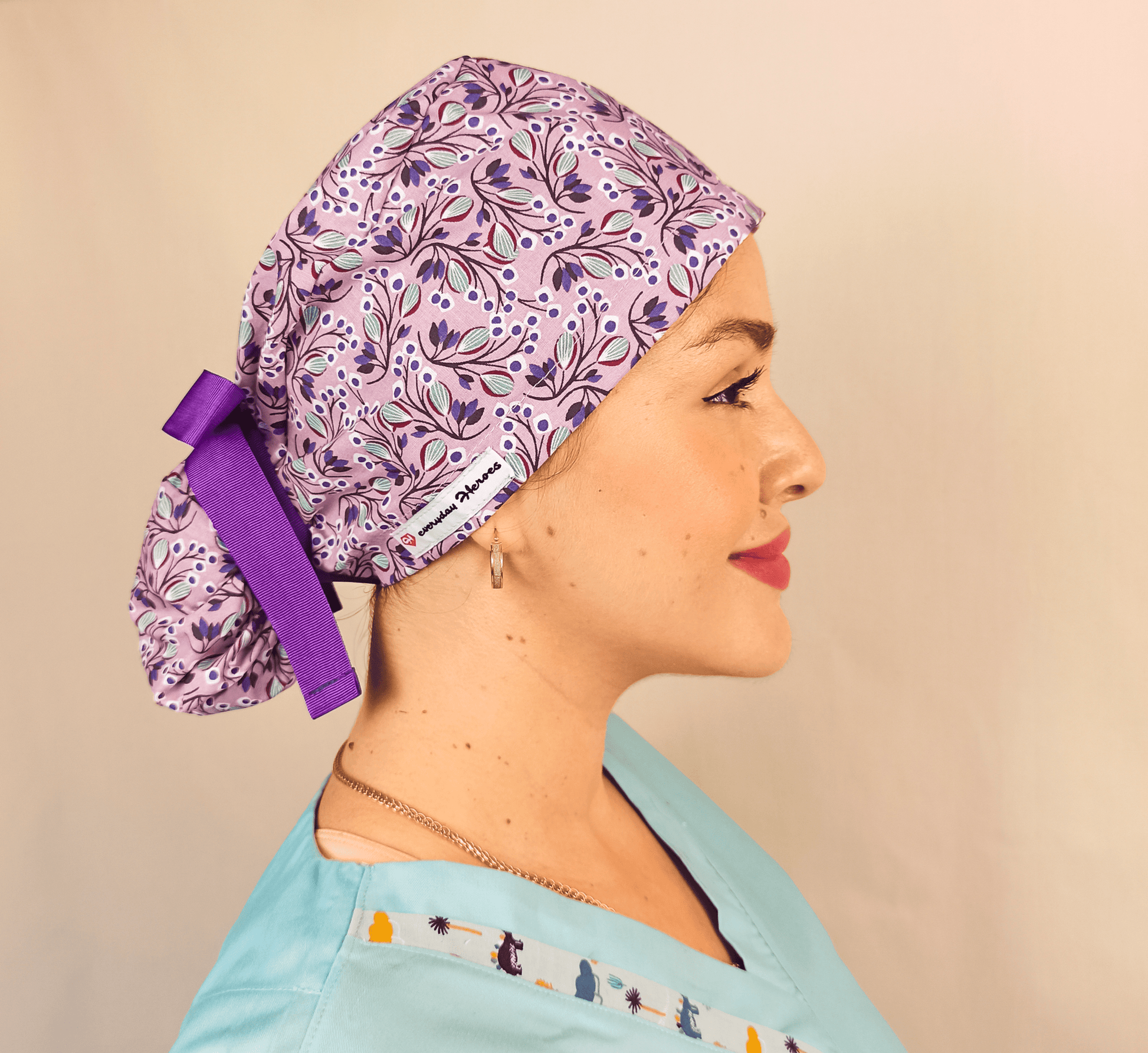 Levanter Purple Floral Scrub Cap - Surgical Cap Ponytail Scrub Hat- Satin and Embroidery Option - [scrub_hat]-[scrub_cap_for_women]-[surgical_cap]