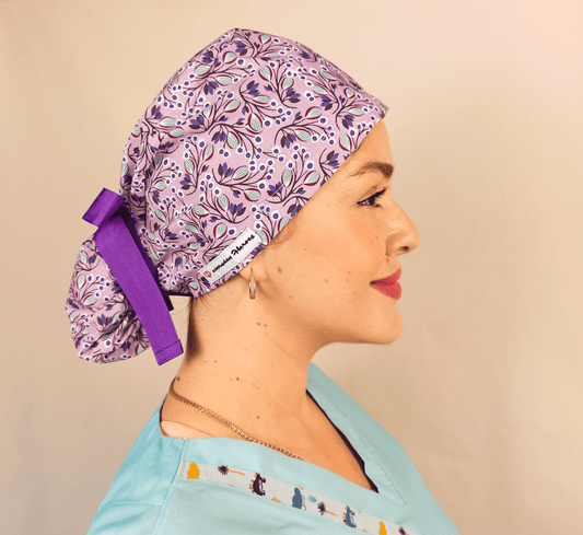 Levanter Purple Floral Scrub Cap - Surgical Cap Ponytail Scrub Hat- Satin and Embroidery Option - [scrub_hat]-[scrub_cap_for_women]-[surgical_cap]