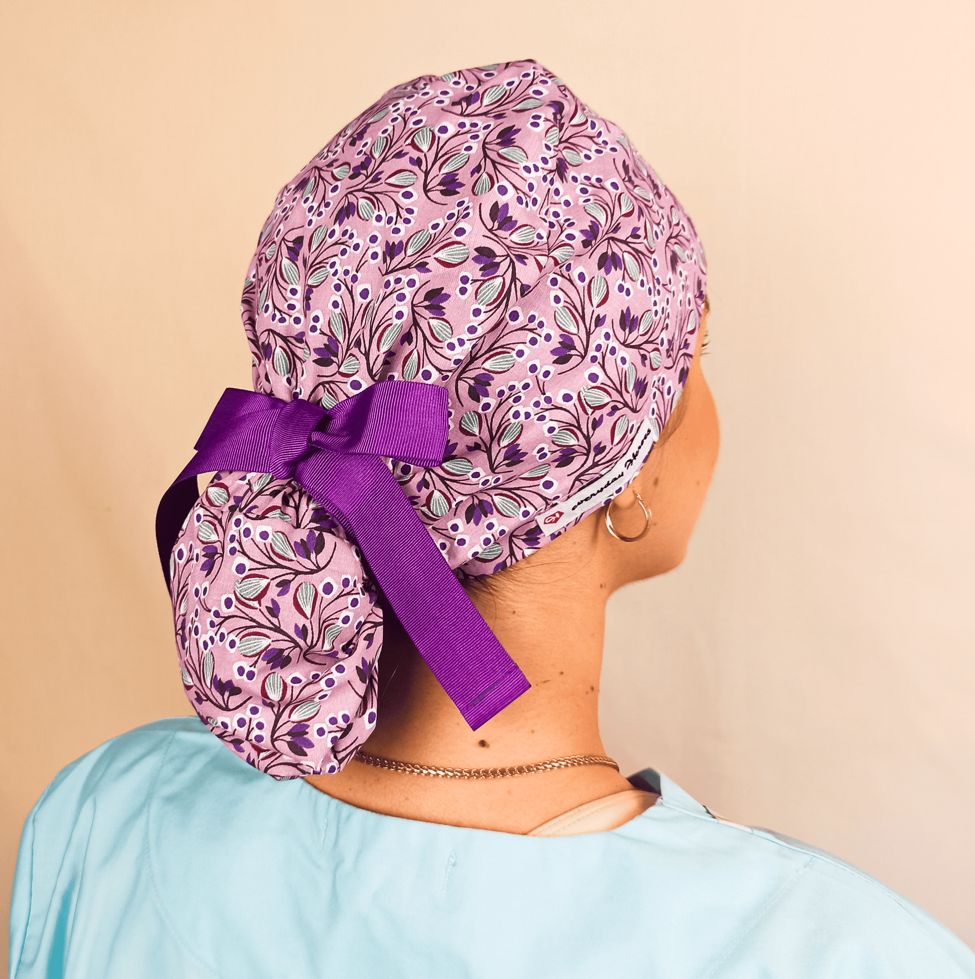 Levanter Purple Floral Scrub Cap - Surgical Cap Ponytail Scrub Hat- Satin and Embroidery Option - [scrub_hat]-[scrub_cap_for_women]-[surgical_cap]