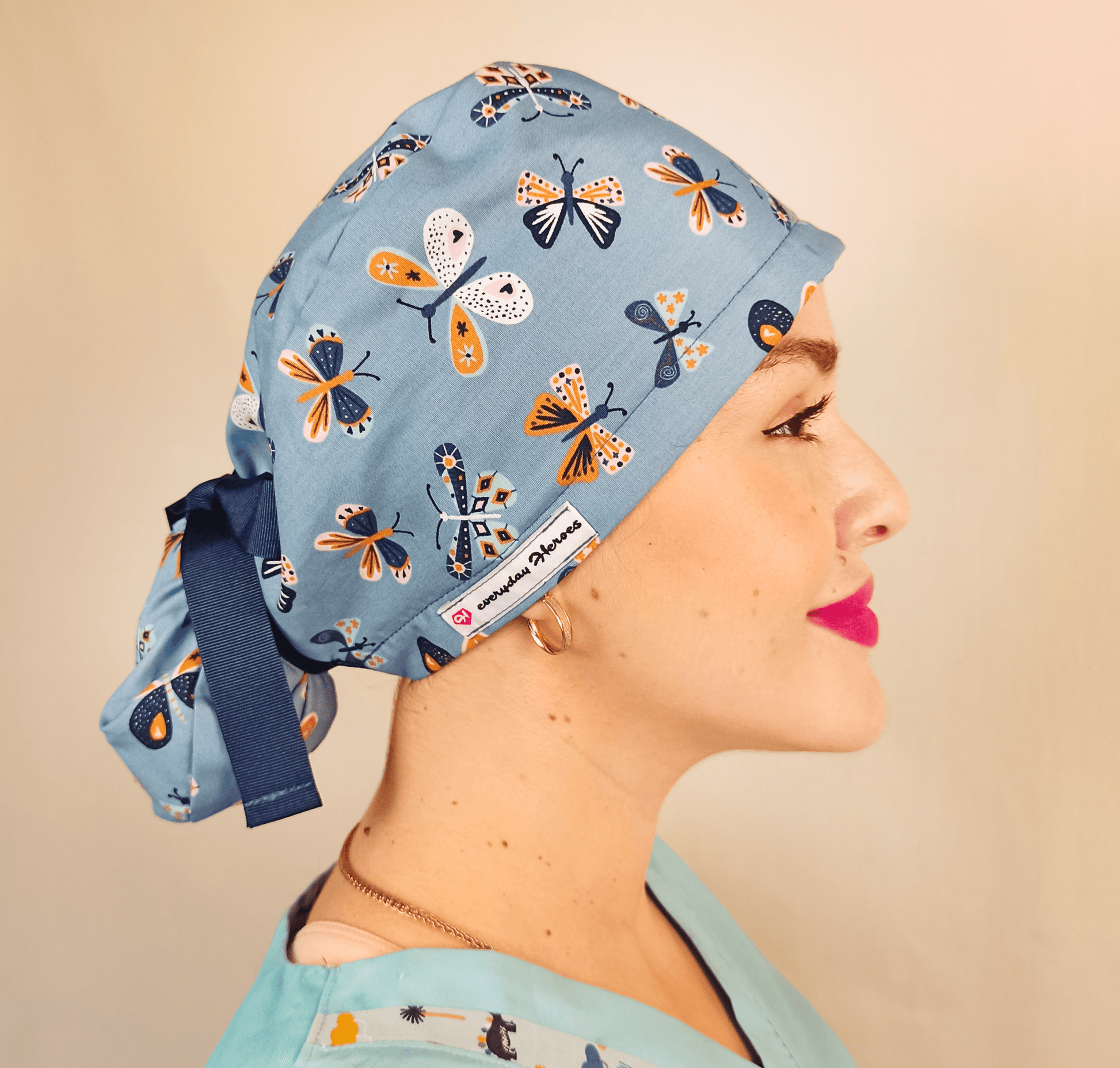 Ponytail Scrub Cap Butterflies - Surgical Cap - Satin Lined - Name Embroidery Option - [scrub_hat]-[scrub_cap_for_women]-[surgical_cap]