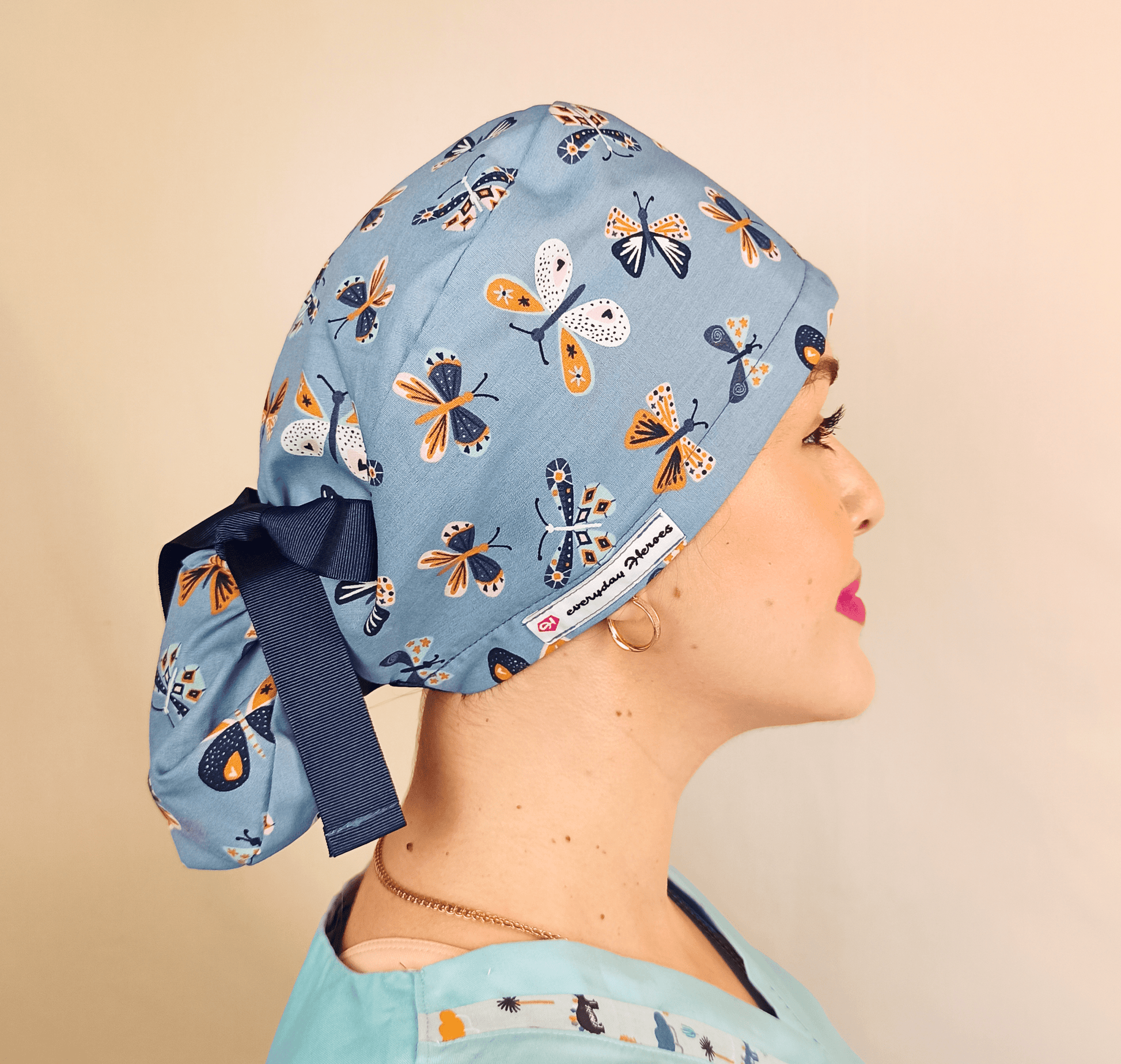 Ponytail Scrub Cap Butterflies - Surgical Cap - Satin Lined - Name Embroidery Option - [scrub_hat]-[scrub_cap_for_women]-[surgical_cap]