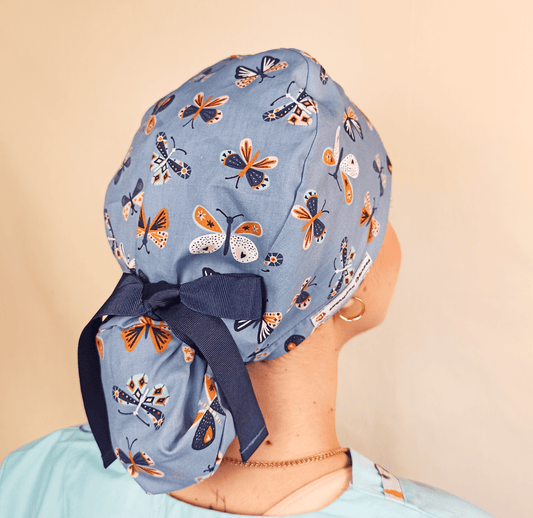 Ponytail Scrub Cap Butterflies - Surgical Cap - Satin Lined - Name Embroidery Option - [scrub_hat]-[scrub_cap_for_women]-[surgical_cap]