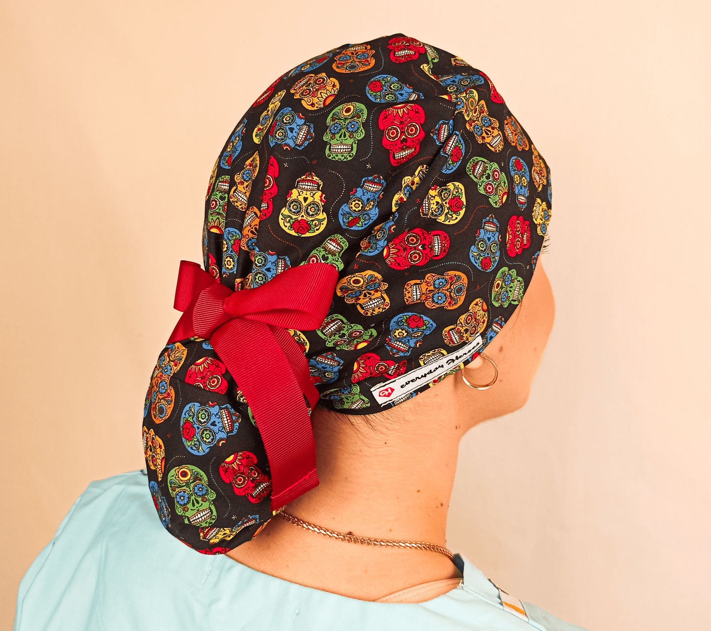 The Colorful Skulls Scrub Cap with Adjustable Ribbons - Perfect for Nurses and Spooky Style - [scrub_hat]-[scrub_cap_for_women]-[surgical_cap]