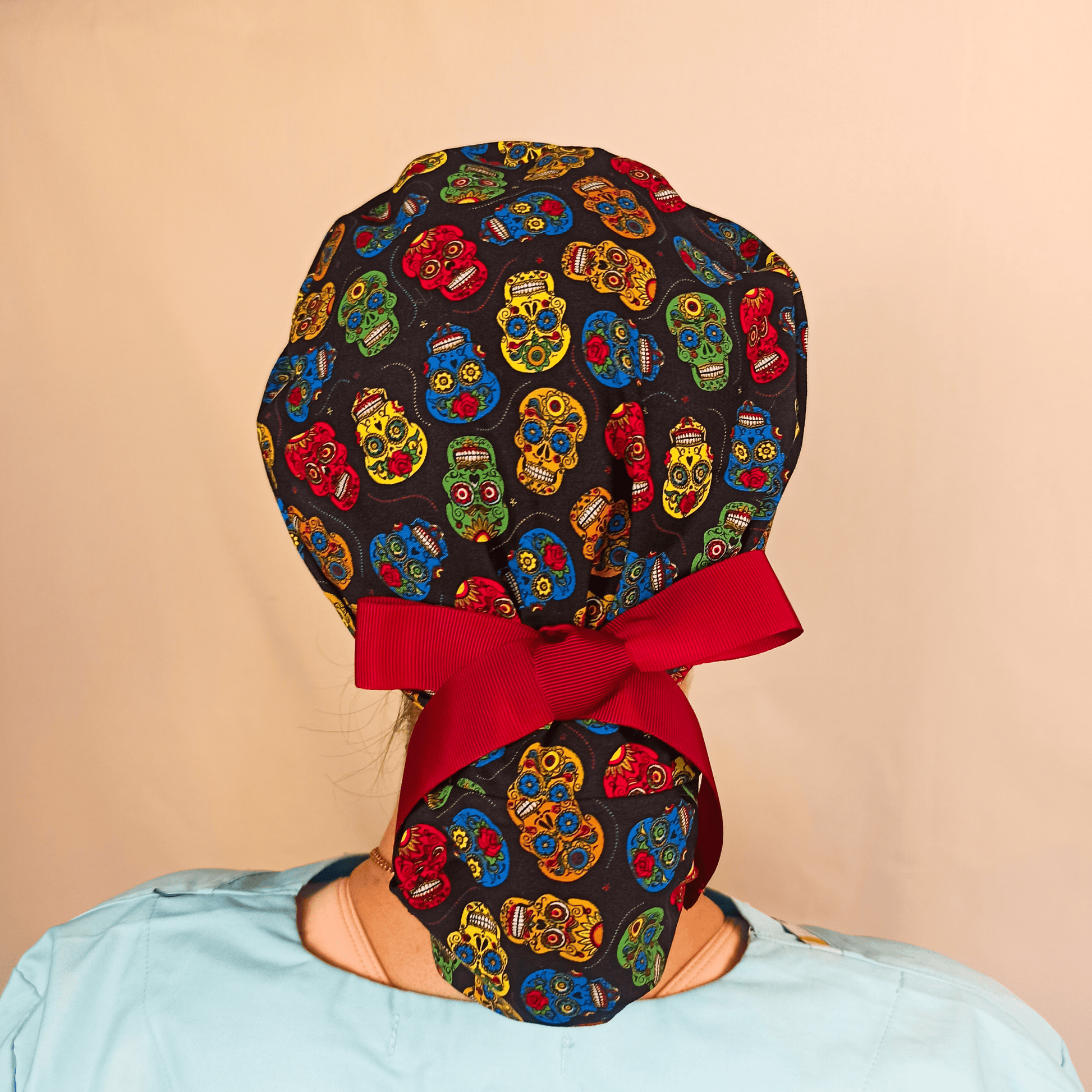 The Colorful Skulls Scrub Cap with Adjustable Ribbons - Perfect for Nurses and Spooky Style - [scrub_hat]-[scrub_cap_for_women]-[surgical_cap]