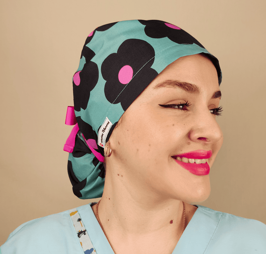 Scrub Caps For Women Ponytail Daisies Floral Hat For Doctors & Nurses. - [scrub_hat]-[scrub_cap_for_women]-[surgical_cap]