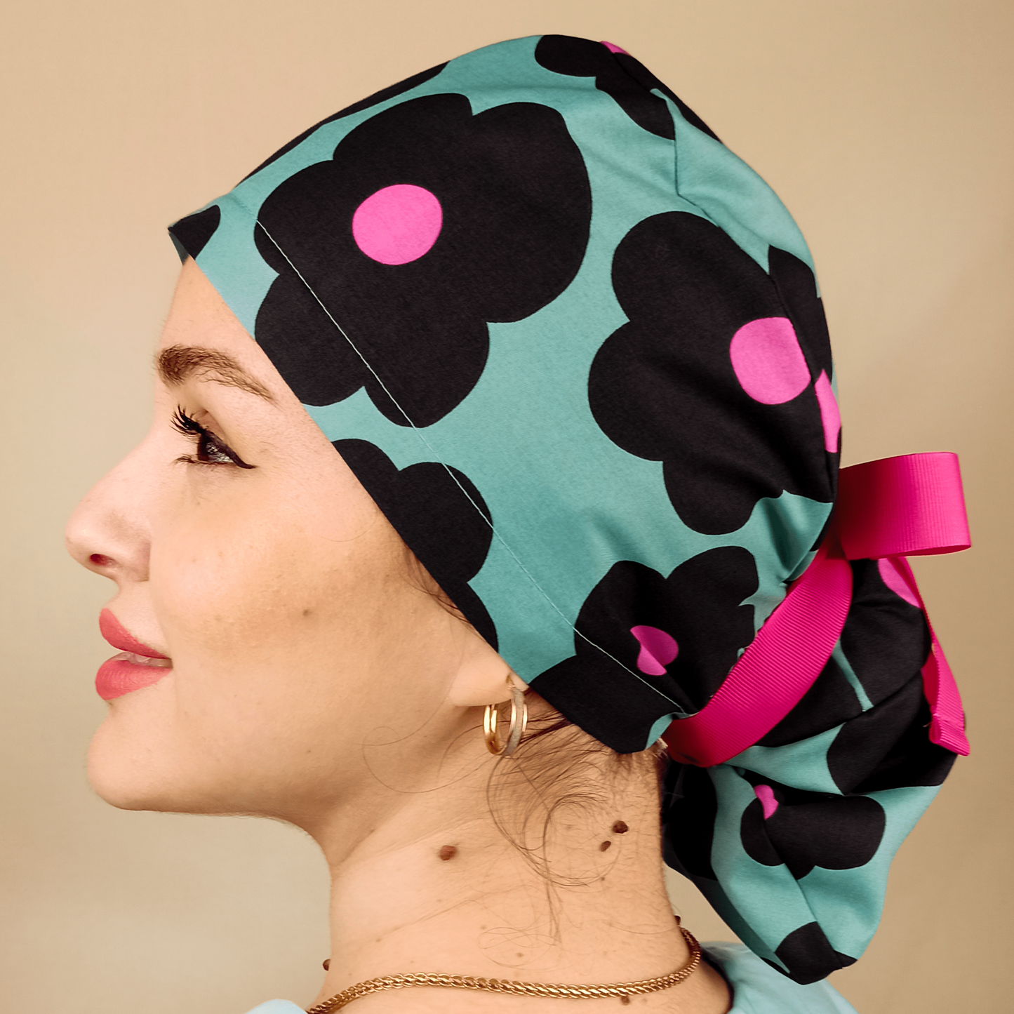Scrub Caps For Women Ponytail Daisies Floral Hat For Doctors & Nurses. - [scrub_hat]-[scrub_cap_for_women]-[surgical_cap]