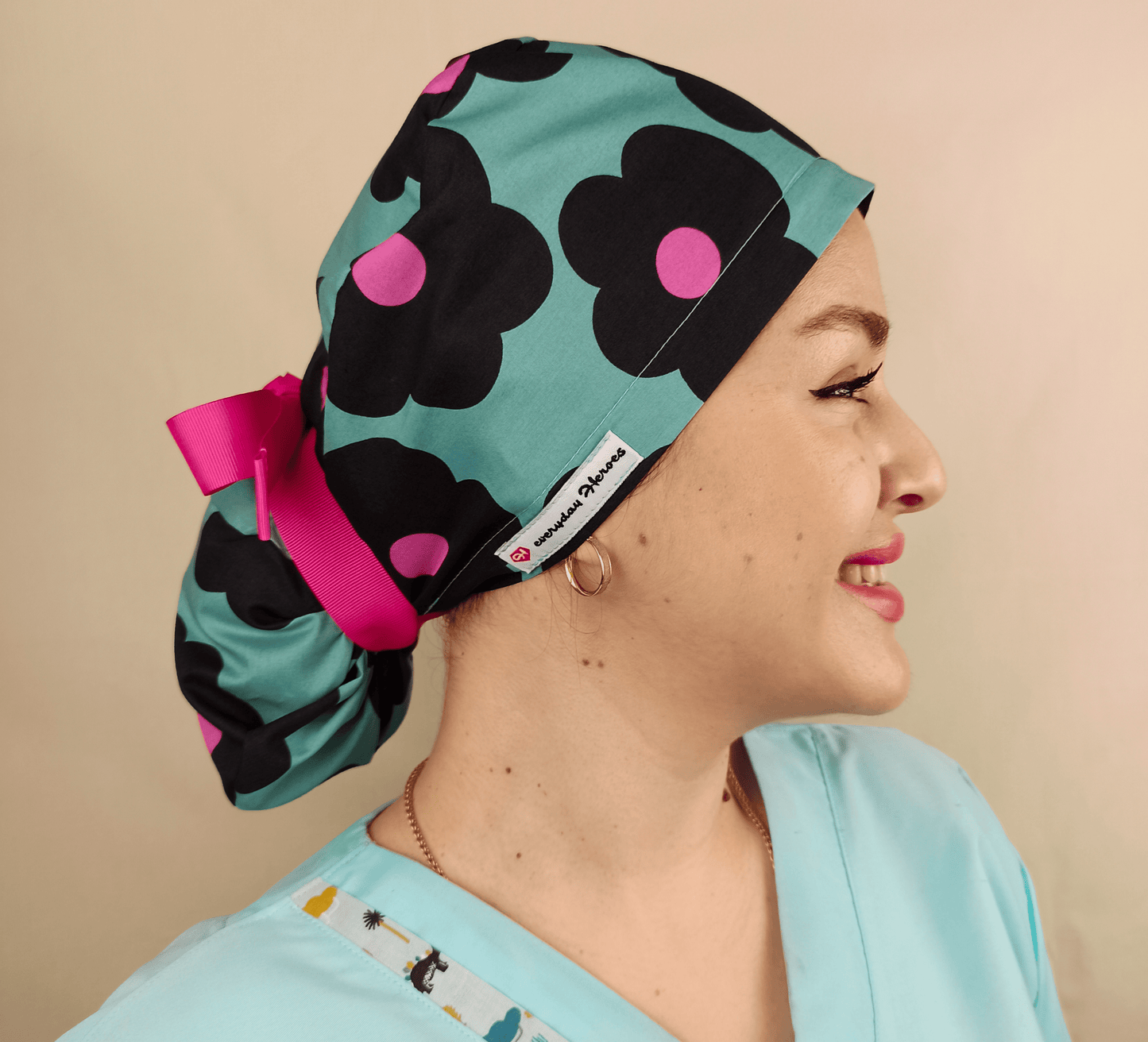 Scrub Caps For Women Ponytail Daisies Floral Hat For Doctors & Nurses. - [scrub_hat]-[scrub_cap_for_women]-[surgical_cap]