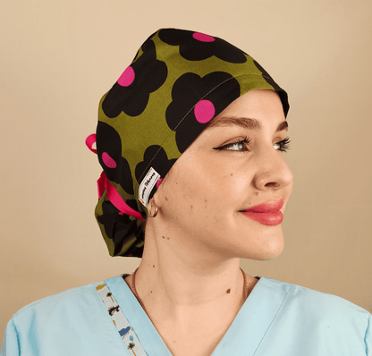 Daisies Scrub Caps For Women Ponytail Custom Name Embroidery. - [scrub_hat]-[scrub_cap_for_women]-[surgical_cap]