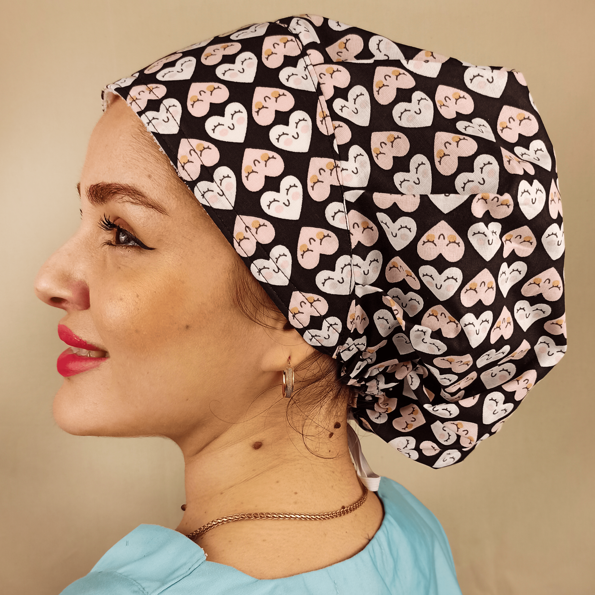 Pink Smiling Hearts in a Black scrub cap for women