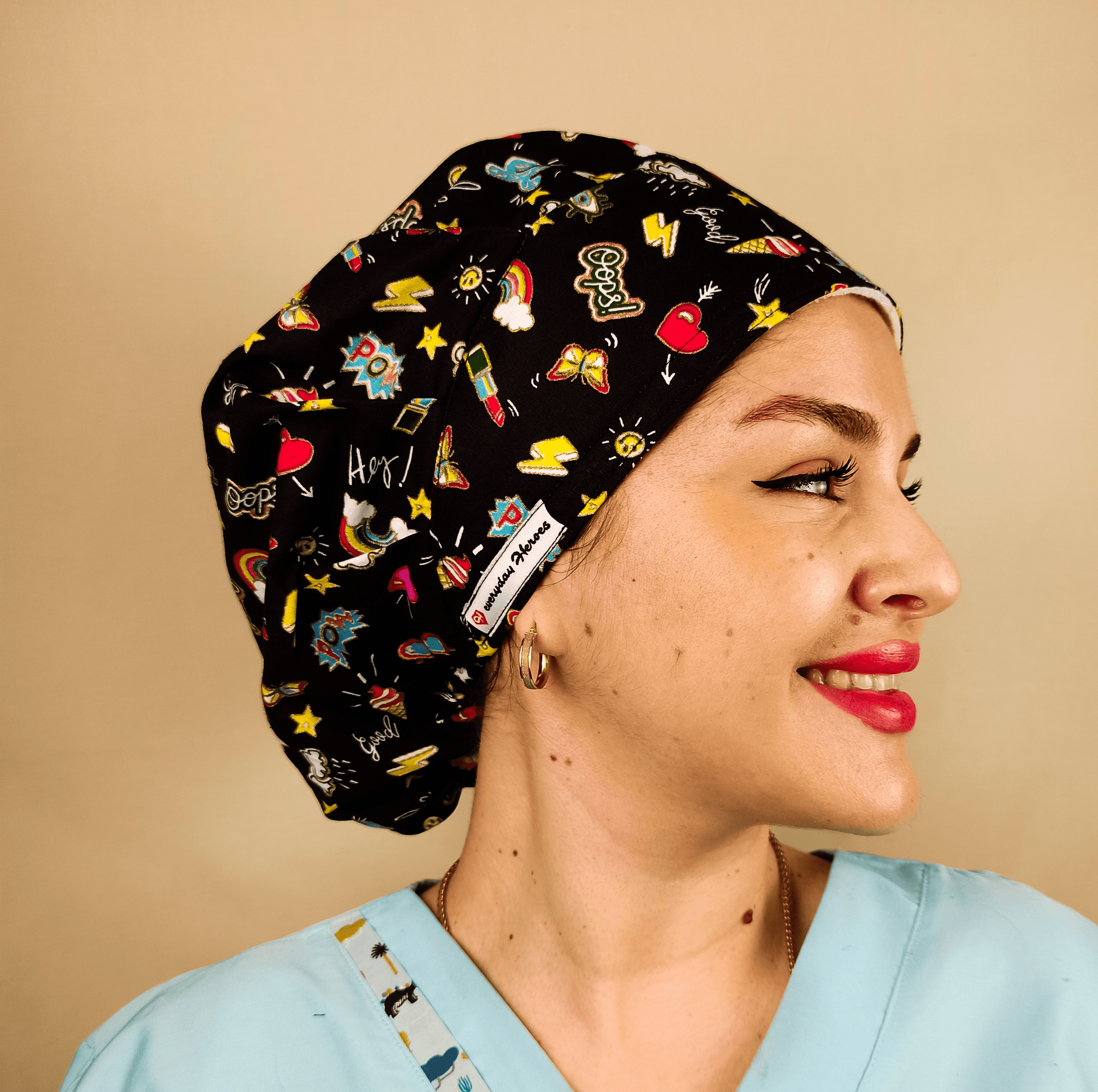 Custom Bouffant Scrub Caps For Women, Fun Satin Lined Scrub Cap Hearts Rainbows & Stars - [scrub_hat]-[scrub_cap_for_women]-[surgical_cap]