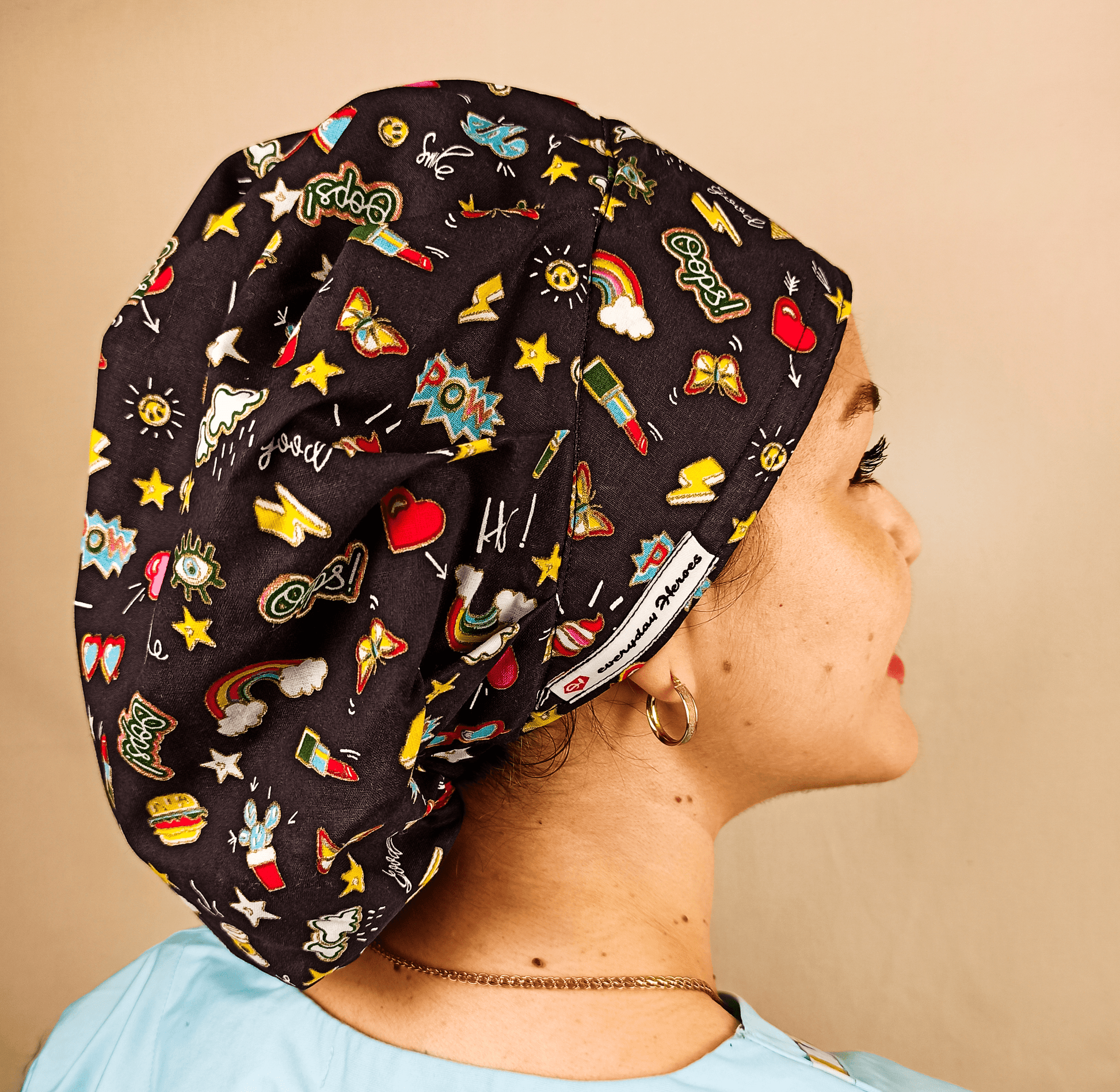 Custom Bouffant Scrub Caps For Women, Fun Satin Lined Scrub Cap Hearts Rainbows & Stars - [scrub_hat]-[scrub_cap_for_women]-[surgical_cap]