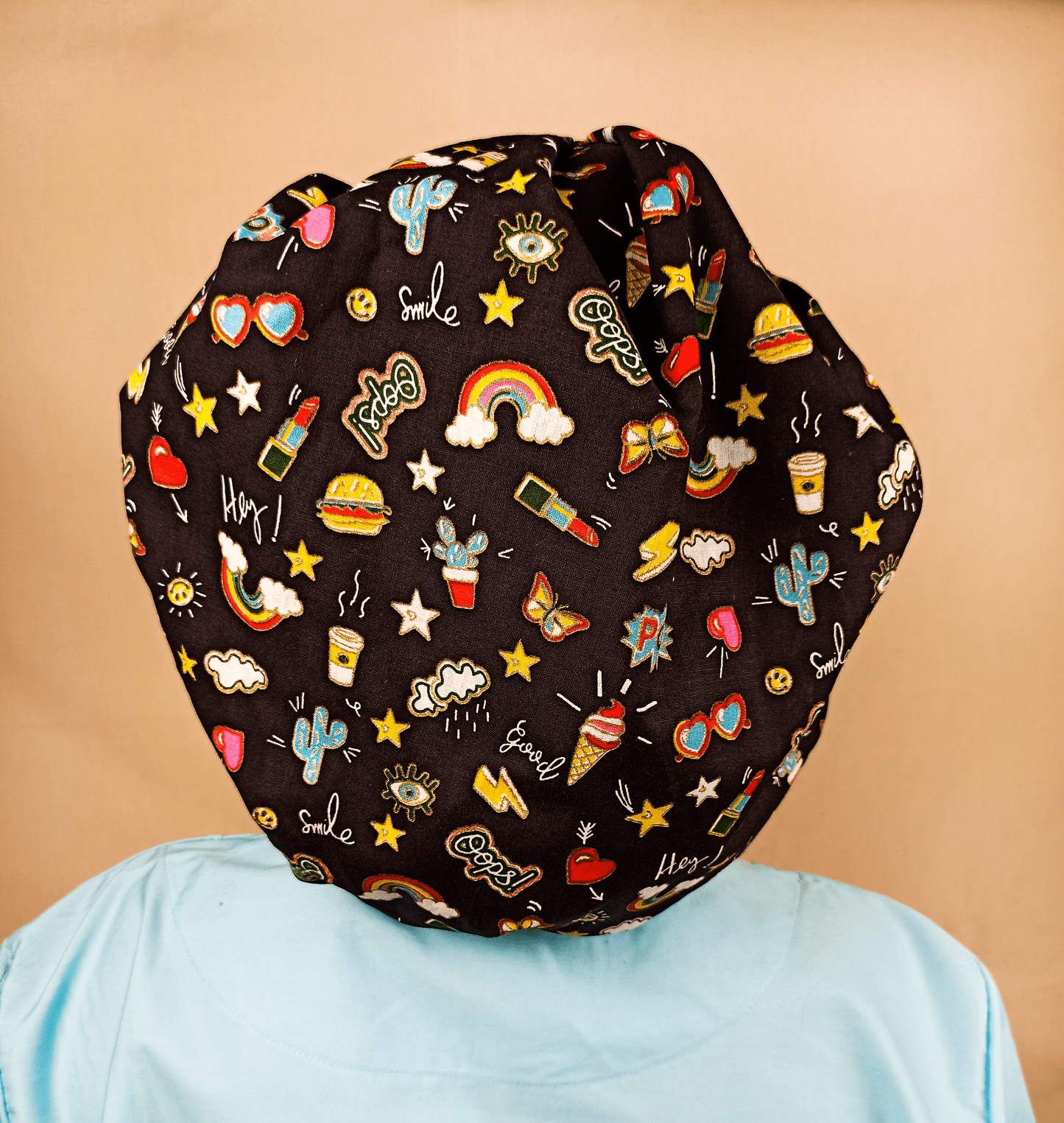 Custom Bouffant Scrub Caps For Women, Fun Satin Lined Scrub Cap Hearts Rainbows & Stars - [scrub_hat]-[scrub_cap_for_women]-[surgical_cap]