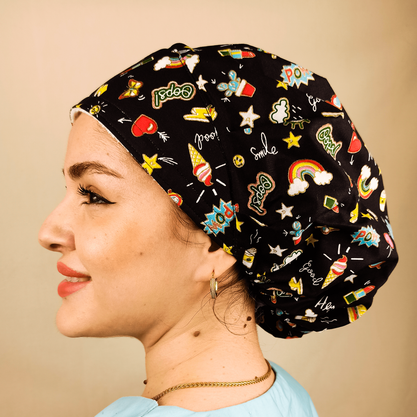 Custom Bouffant Scrub Caps For Women, Fun Satin Lined Scrub Cap Hearts Rainbows & Stars