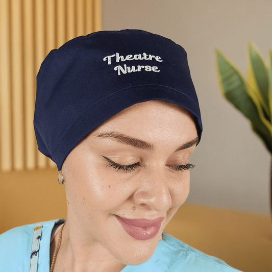 Custom Logo & Name Scrub Cap Blue- Surgical Caps for Women Satin Lined.