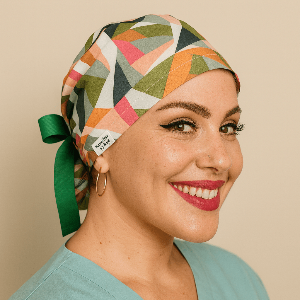Nurse cap with colorful geometrical abstract print in green and coral, satin lined ponytail scrub cap with buttons for mask comfort. Modeled by a smiling woman in a light blue scrub top with hoop earrings, featuring a tie back style for secure fit. Custom surgical cap for women, reusable and washable, ideal for nurses, doctors, surgeons, and healthcare staff. Personalized medical hat, perfect nurse gift.