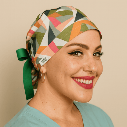 Nurse cap with colorful geometrical abstract print in green and coral, satin lined ponytail scrub cap with buttons for mask comfort. Modeled by a smiling woman in a light blue scrub top with hoop earrings, featuring a tie back style for secure fit. Custom surgical cap for women, reusable and washable, ideal for nurses, doctors, surgeons, and healthcare staff. Personalized medical hat, perfect nurse gift.