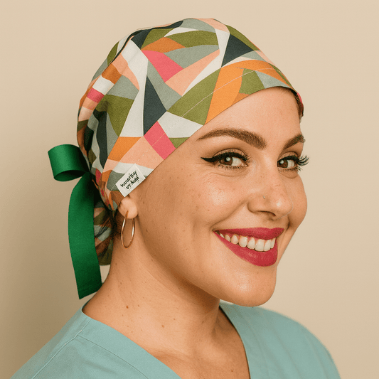 Nurse cap with colorful geometrical abstract print in green and coral, satin lined ponytail scrub cap with buttons for mask comfort. Modeled by a smiling woman in a light blue scrub top with hoop earrings, featuring a tie back style for secure fit. Custom surgical cap for women, reusable and washable, ideal for nurses, doctors, surgeons, and healthcare staff. Personalized medical hat, perfect nurse gift.