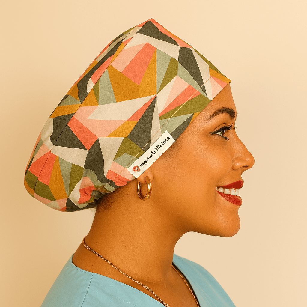 Retro geometric scrub cap for women featuring colorful Euro style design with satin lining option. Custom surgical cap ideal for nurses, doctors, estheticians, or anatomy students. Comfortable and stylish medical scrub hat perfect for esthetician business use, healthcare professionals, or anyone seeking a unique surgical cap with modern geometric print.