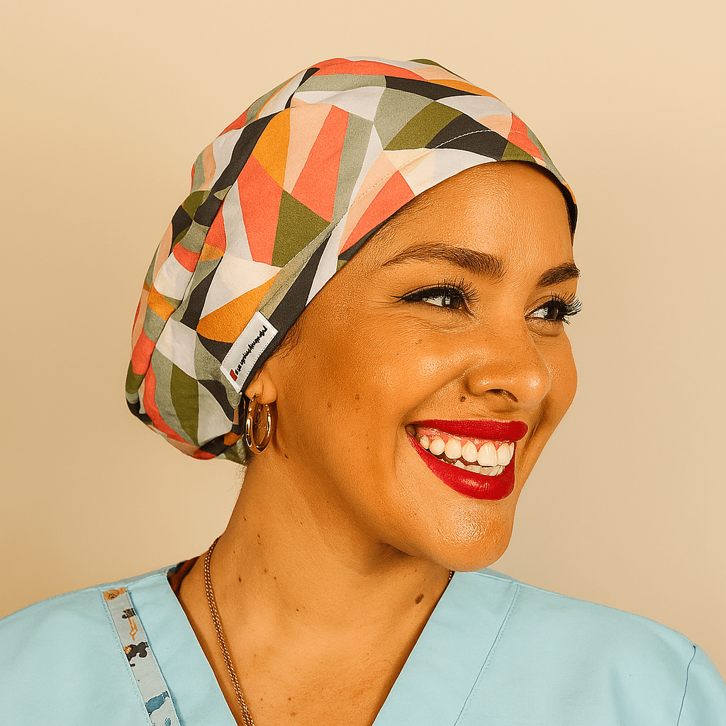 Retro geometric scrub cap for women featuring colorful Euro style design with satin lining option. Custom surgical cap ideal for nurses, doctors, estheticians, or anatomy students. Comfortable and stylish medical scrub hat perfect for esthetician business use, healthcare professionals, or anyone seeking a unique surgical cap with modern geometric print.