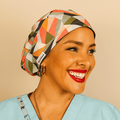 Retro geometric scrub cap for women featuring colorful Euro style design with satin lining option. Custom surgical cap ideal for nurses, doctors, estheticians, or anatomy students. Comfortable and stylish medical scrub hat perfect for esthetician business use, healthcare professionals, or anyone seeking a unique surgical cap with modern geometric print.