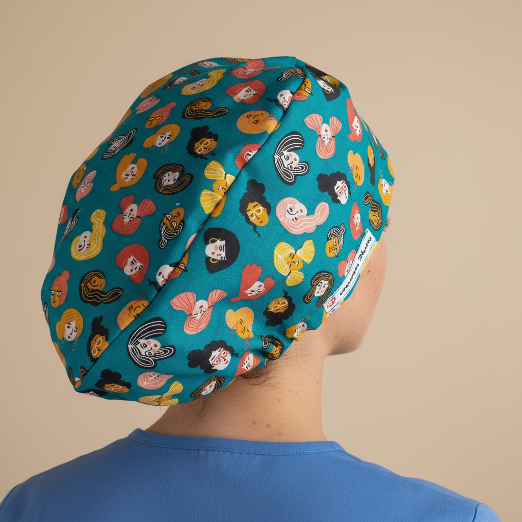 Back view of woman wearing turquoise scrub cap