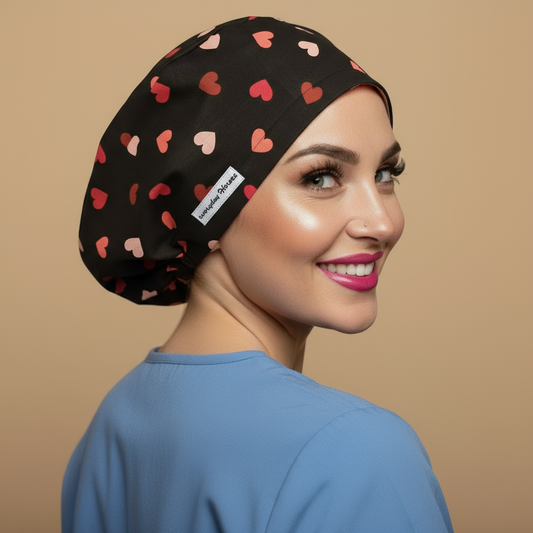 Black pink coral hearts scrub cap back side - body turned showing more back - realistic pale white skin - signature model - 3000x3000px