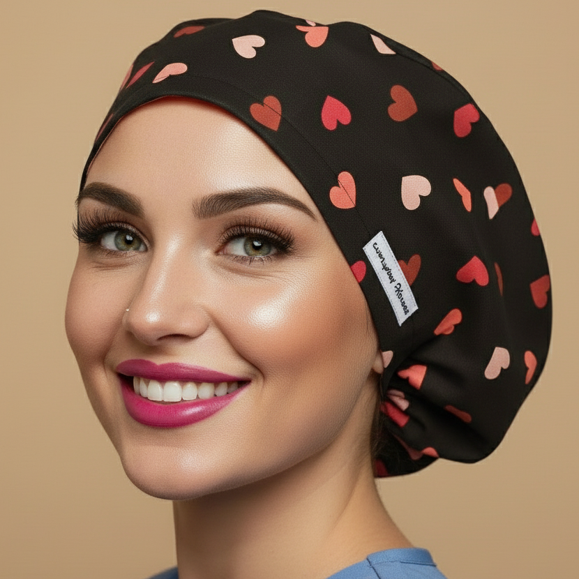 Black pink coral hearts scrub cap back side view with smiling healthcare professional - romantic scattered hearts pattern featuring pink coral and light pink hearts on black background - euro style bouffant surgical cap for women - custom satin lined with name embroidery option - adjustable elastic fit - woman with hot pink lipstick green hazel eyes showing confident smile - Everyday Heroes brand label visible - professional medical headwear - Valentine nurse gift - romantic design