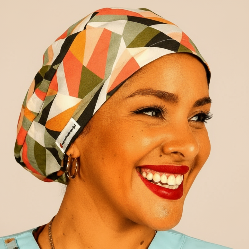 Retro geometric scrub cap for women featuring colorful Euro style design with satin lining option. Custom surgical cap ideal for nurses, doctors, estheticians, or anatomy students. Comfortable and stylish medical scrub hat perfect for esthetician business use, healthcare professionals, or anyone seeking a unique surgical cap with modern geometric print.