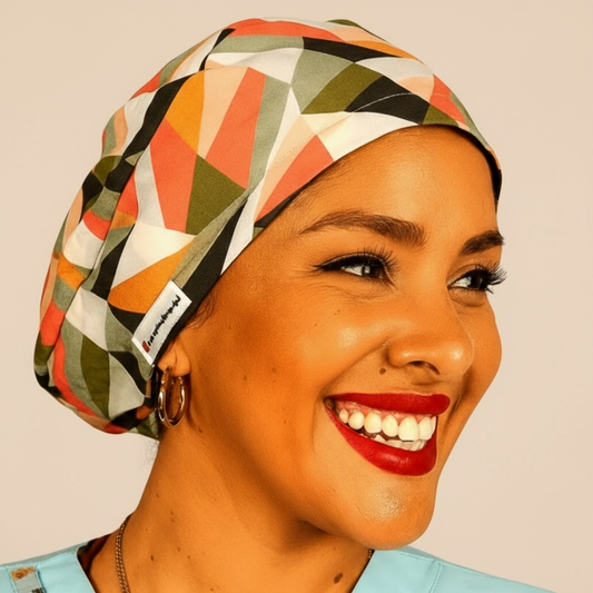 Retro geometric scrub cap for women featuring colorful Euro style design with satin lining option. Custom surgical cap ideal for nurses, doctors, estheticians, or anatomy students. Comfortable and stylish medical scrub hat perfect for esthetician business use, healthcare professionals, or anyone seeking a unique surgical cap with modern geometric print.